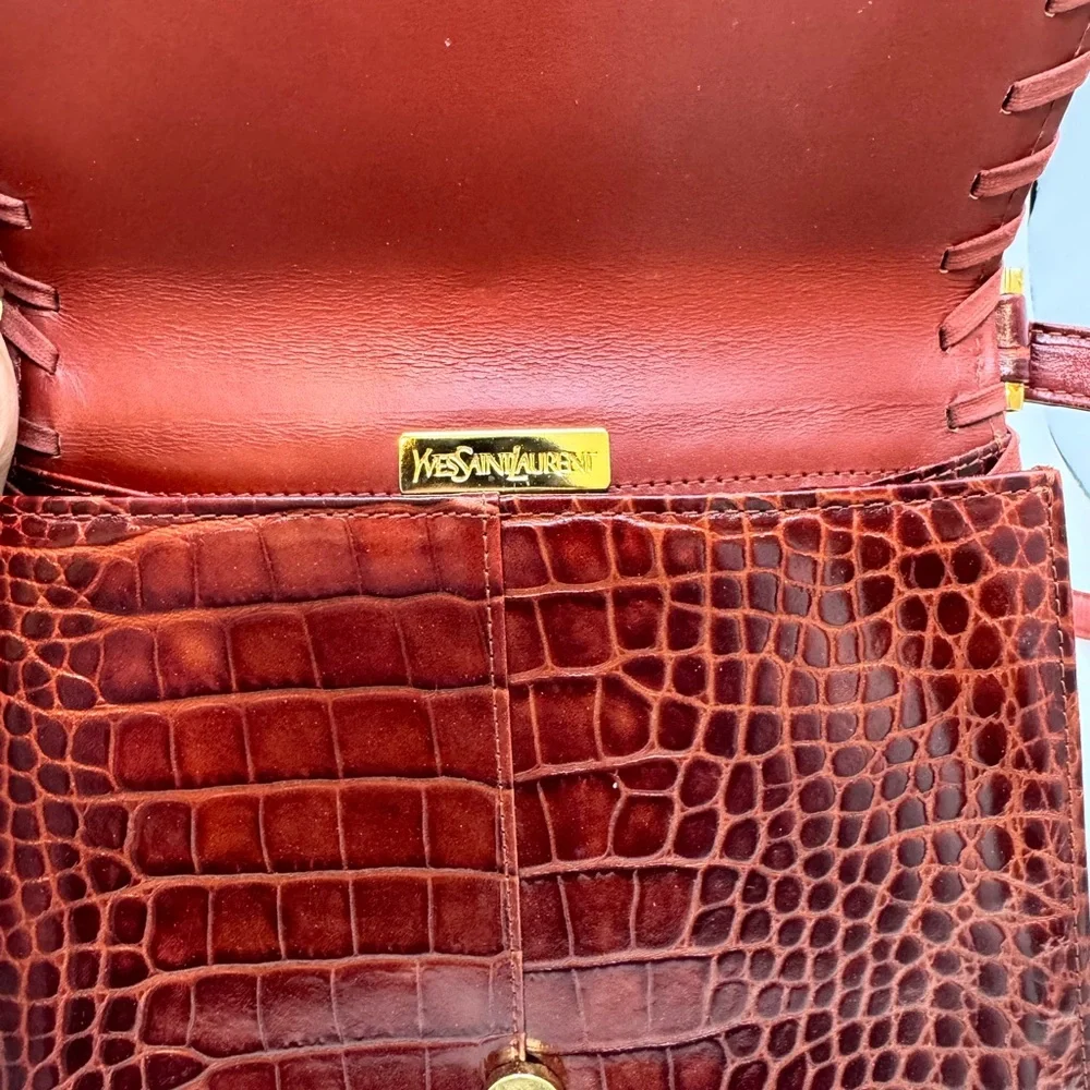 YSL Croc Embossed Whipstitch Baguette Shoulder Bag Cognac Gold Hardware - Picture 10 of 12